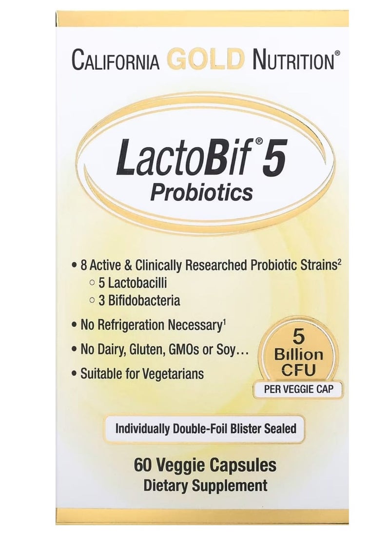 California Gold Nutrition LactoBif 5 Probiotics, 5 Billion CFU, 60 Veggie Capsules