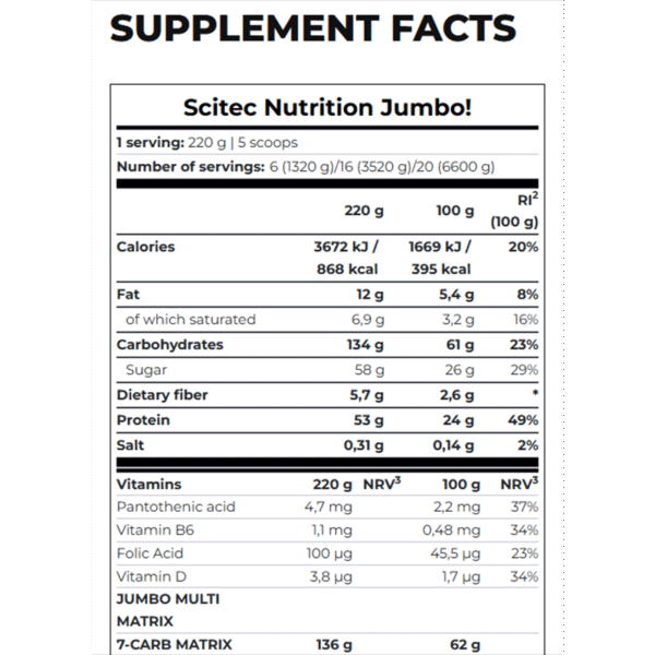 Jumbo Mass Gainer 53g Protein from Scitec Nutrition (16 Servings) - Image 2