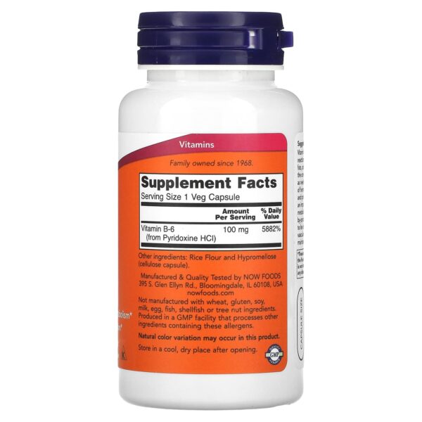 NOW Foods B-6, 100 mg, 100 Veg Capsules - Image 2