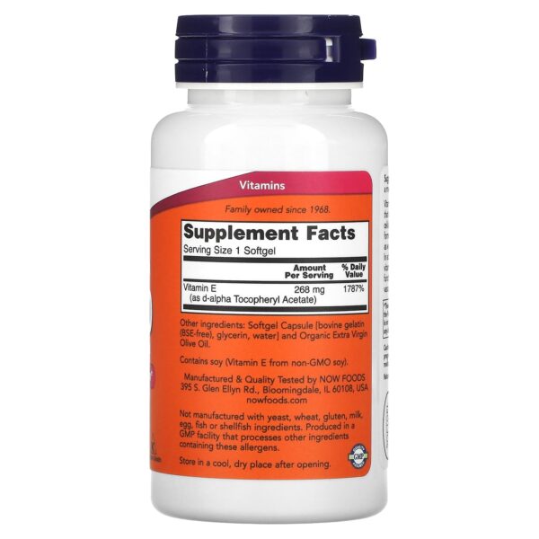 NOW Foods E-400, 268 mg (400 IU), 100 Softgels - Image 2