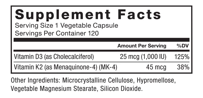 Force Factor Vitamin D3 & K2 120 Vegetable Capsules facts